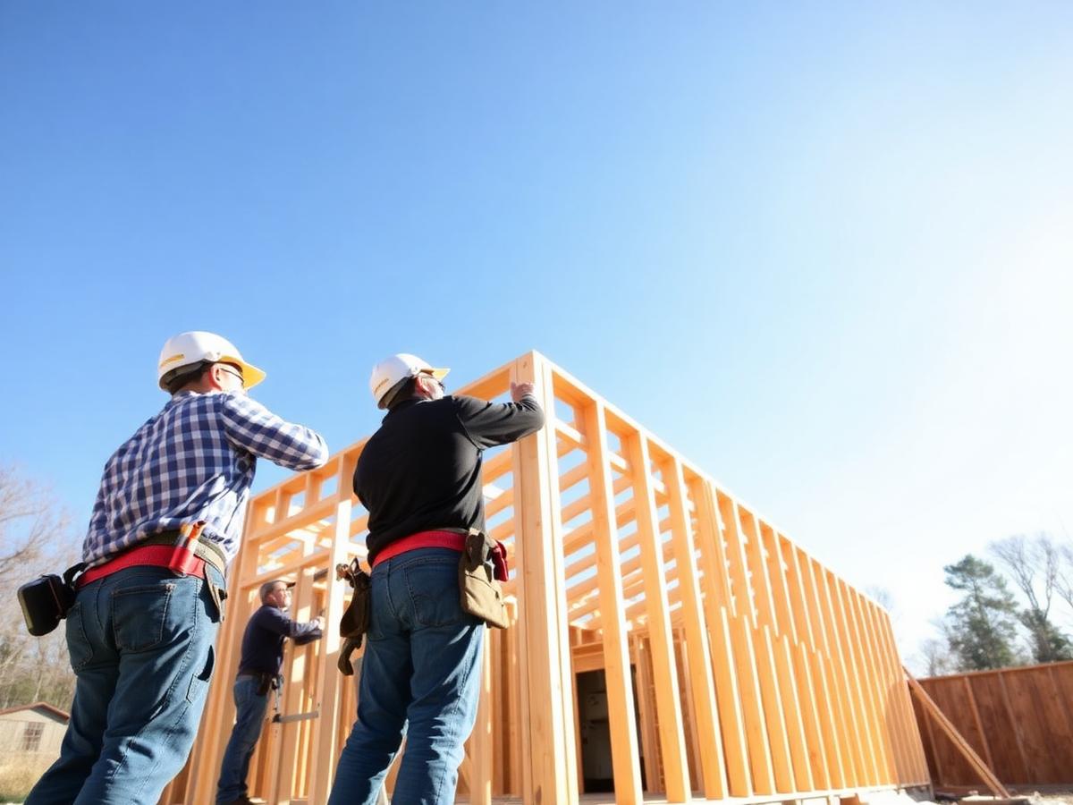 Carpenters framing a small backyard ADU under a clear blue sky