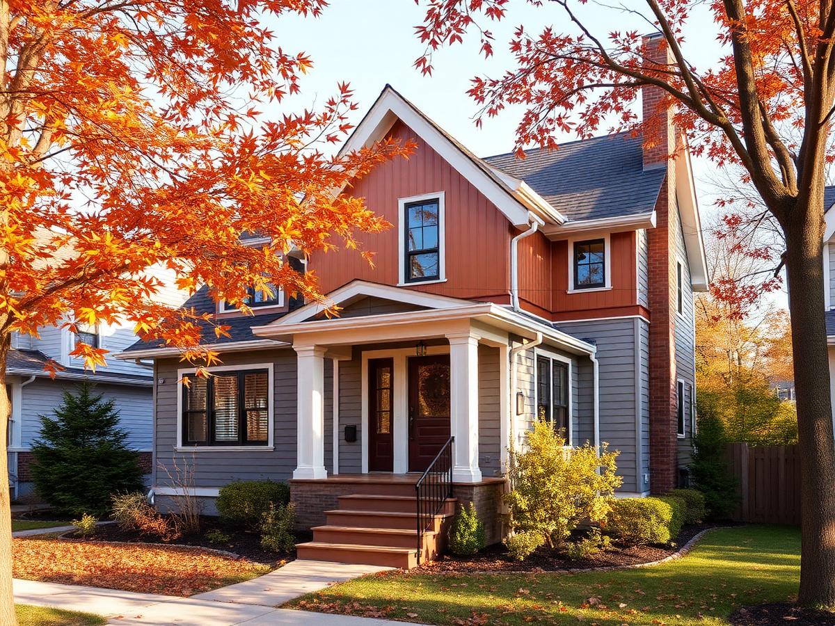 Craftsman home with attached ADU under autumn maples in Syracuse
