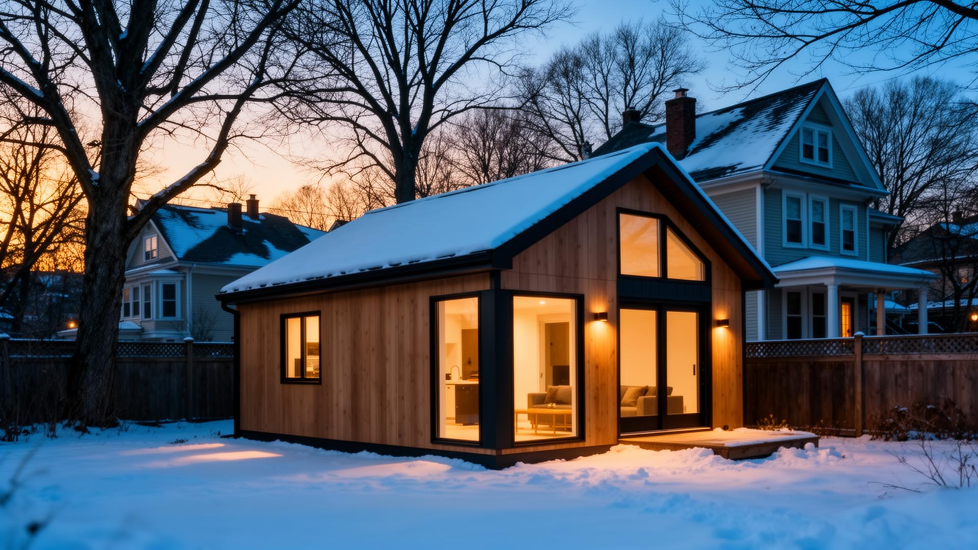 Modern detached ADU glowing in a snowy Syracuse backyard at dusk