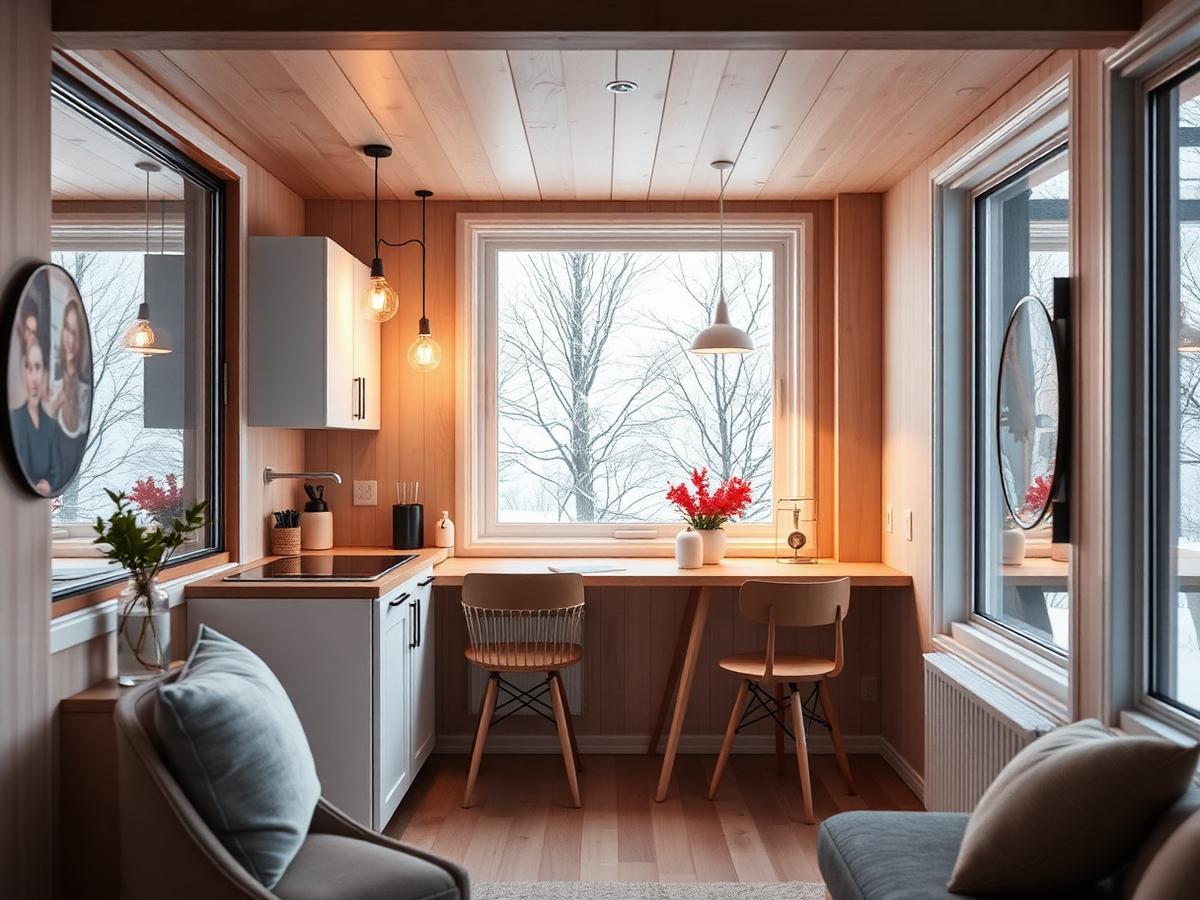 Bright, modern interior of a Syracuse ADU studio with snow visible outside