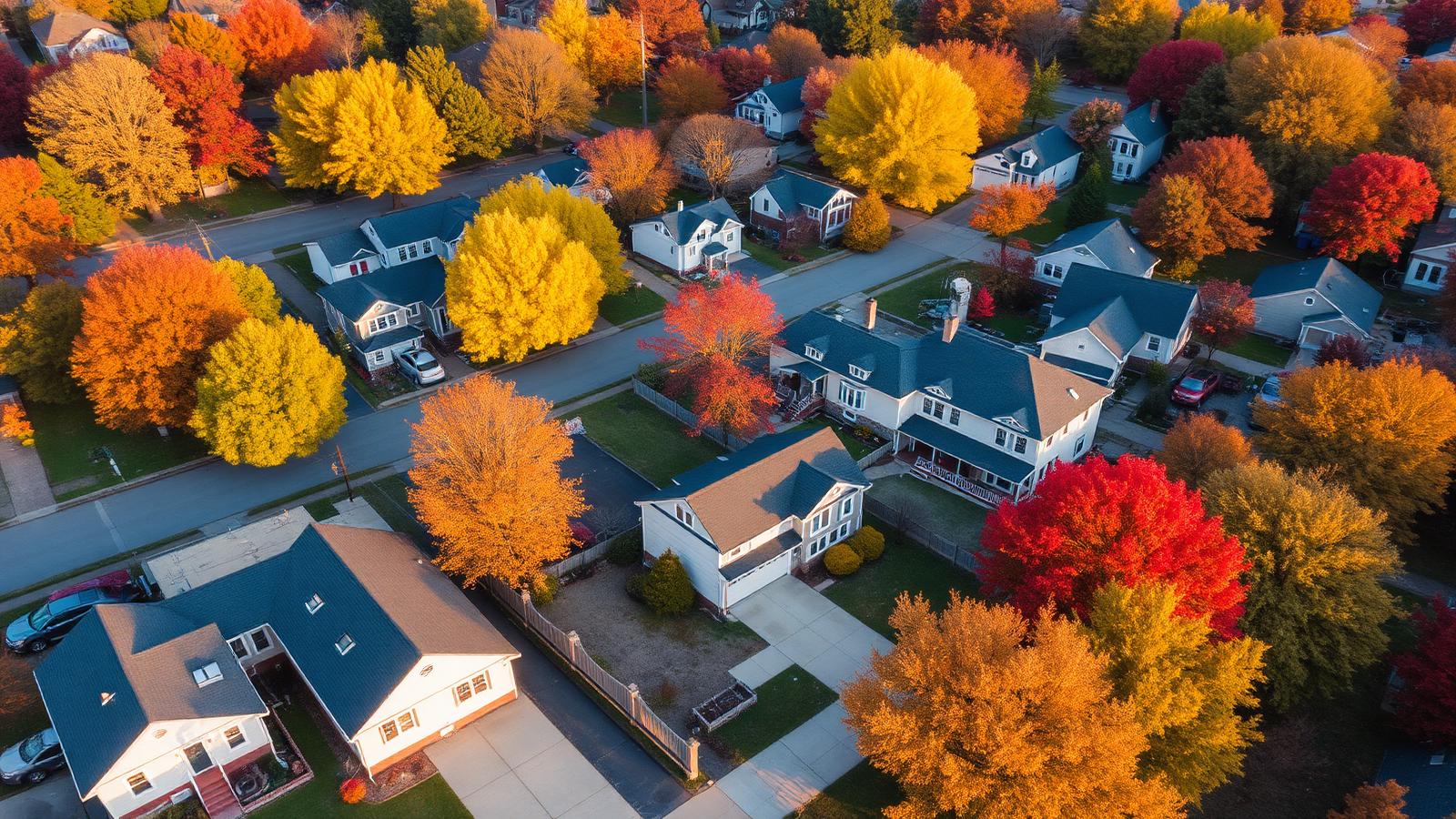 Aerial view of a Syracuse neighborhood in fall colors